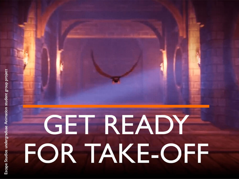 Get ready for take off tagline with background of a video game environment showing a bird flying in a castle