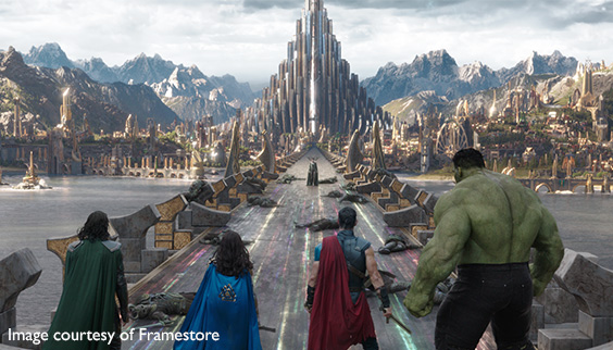 Picture of Loki, Valkyrie, Thor and Hulk standing on the Rainbow bridge, from the movie "Thor Ragnarok".