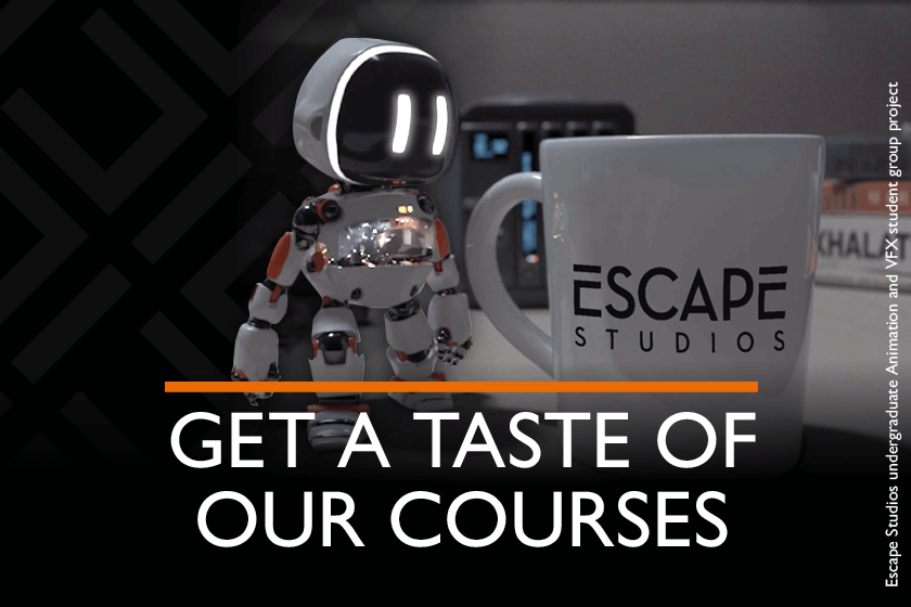 Image of a small robot looking at an Escape Studios mug with Get a Taster of our Courses tagline
