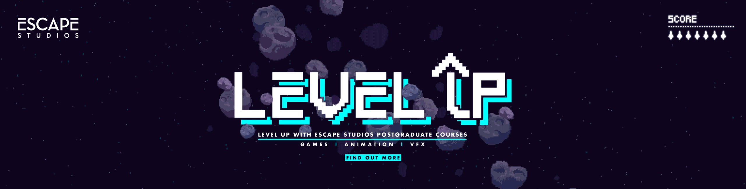 Level Up title in video games style surrounded by spaceships and rockets