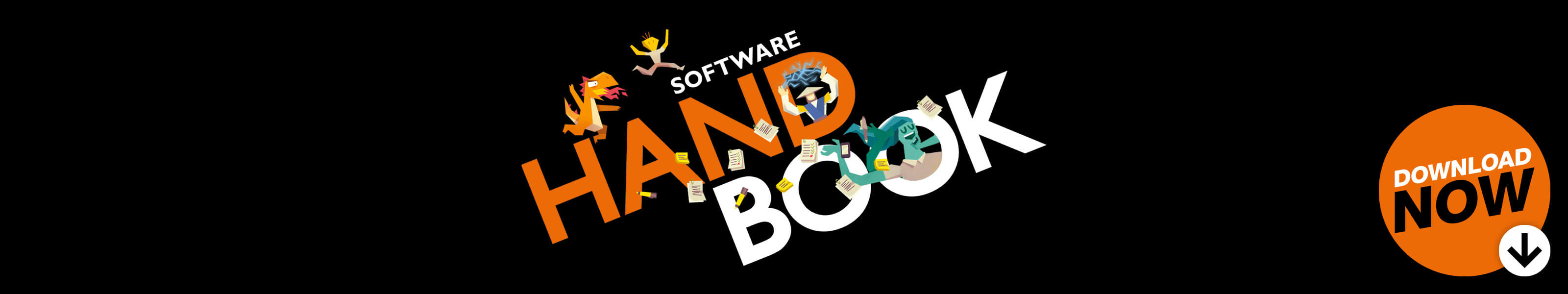 Software Handbook graphic in the centre with avatars and the download now CTA to the right