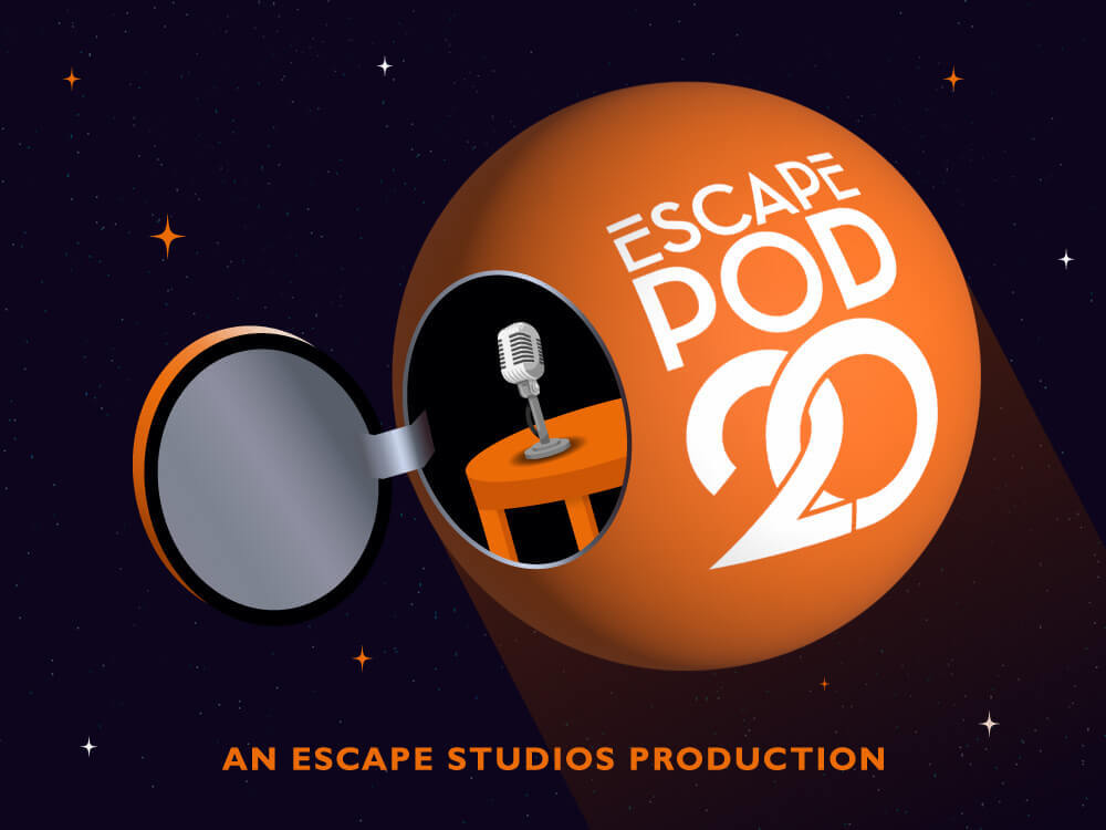 Escape Pod 20 in white text on an orange pod in a space background