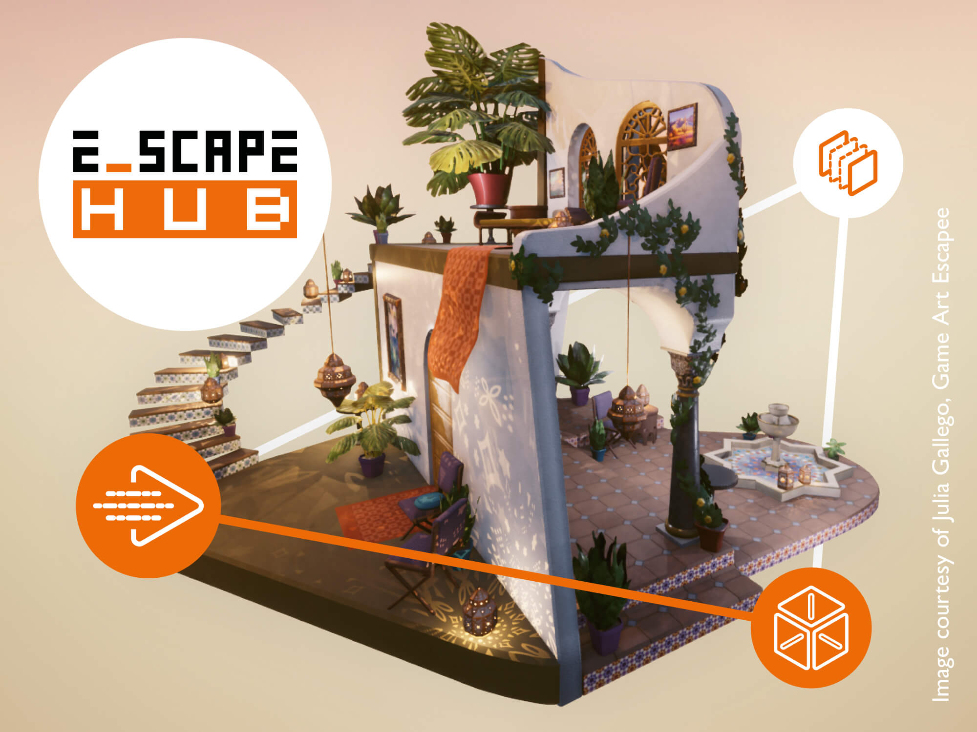 Video games diorama of a moroccan house with E_scape hub title