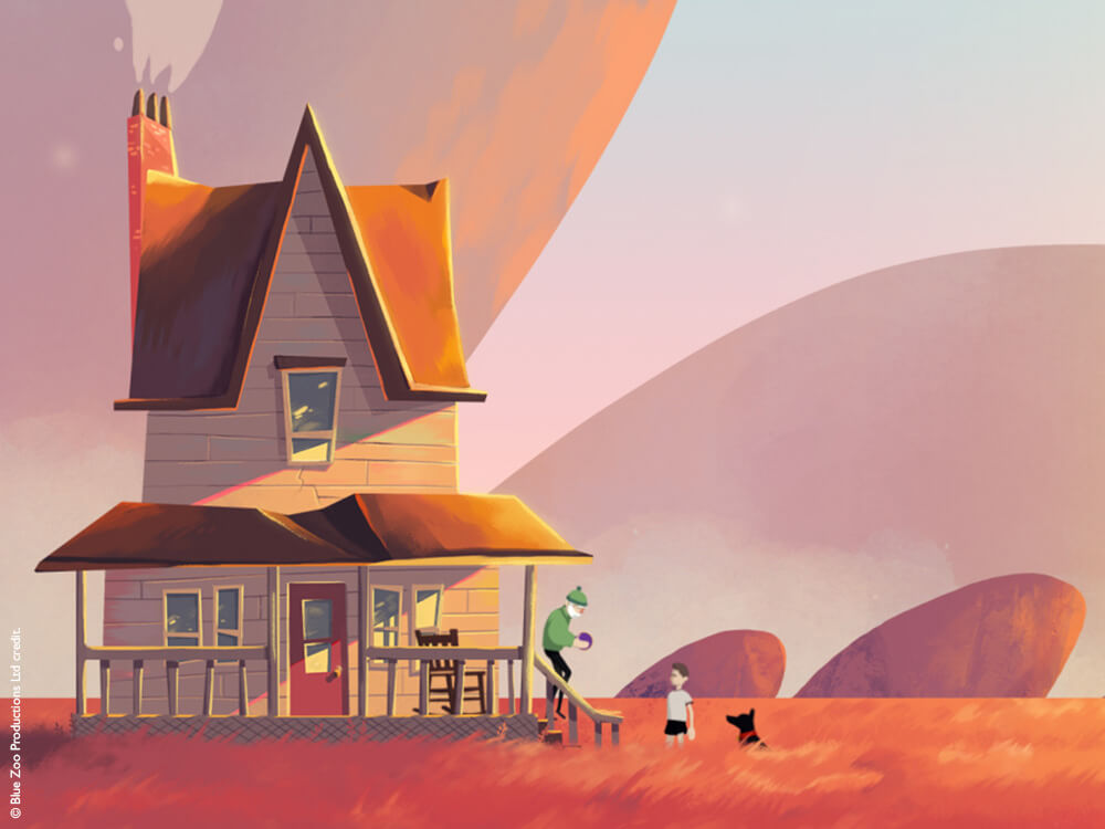 Cartoon country house bathed in orange sunlight