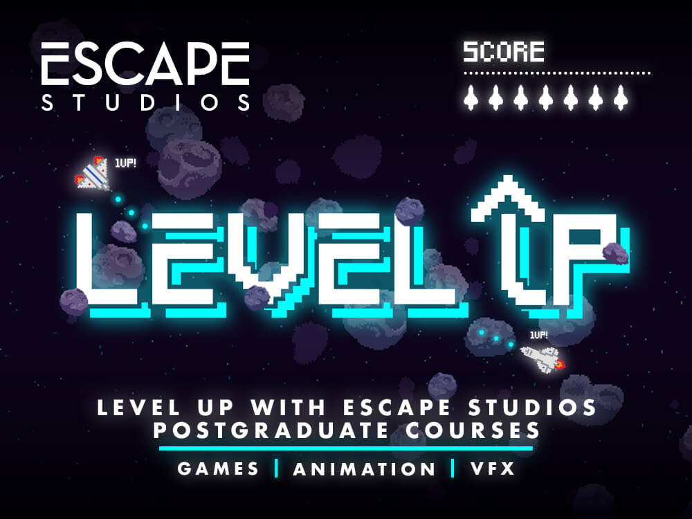 Level Up title in video games style surrounded by spaceships and rockets