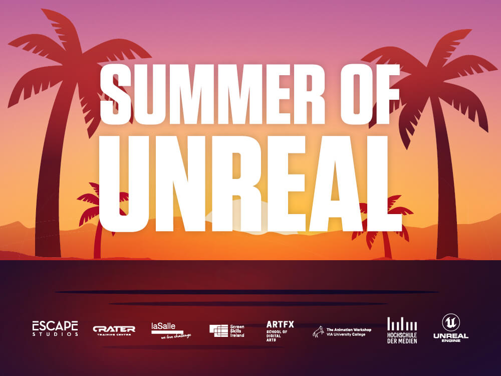 Summer of Unreal graphic with sunset and palm tree background
