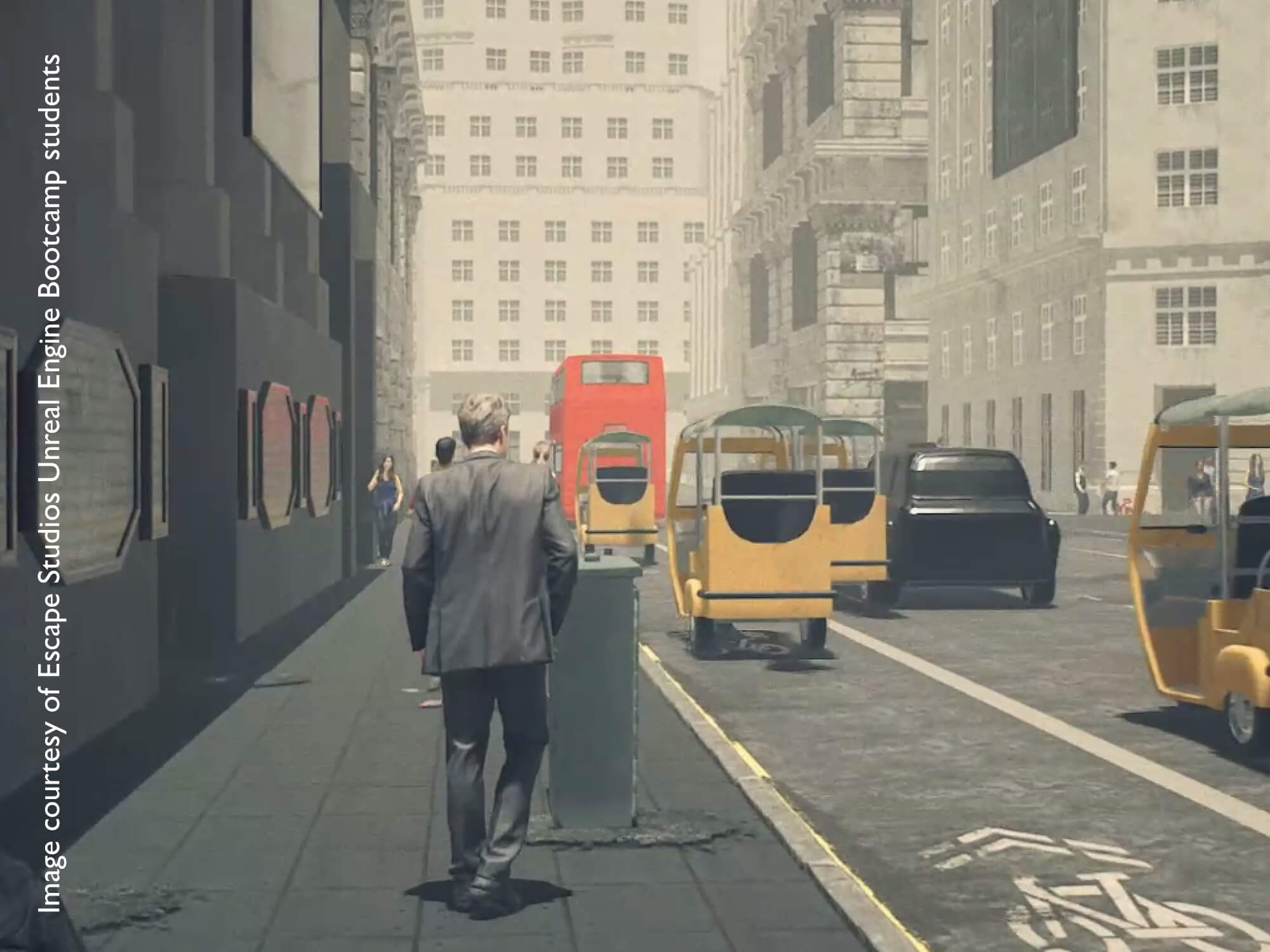 Cartoon image of a man walking through a city alongside a busy road with trams and buses