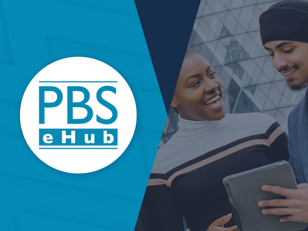Two students looking at an iPad with the PBS eHub logo to the left
