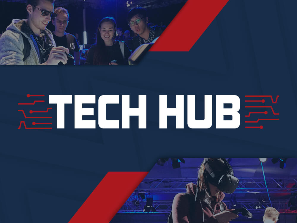 Tech Hub logo on navy and red background