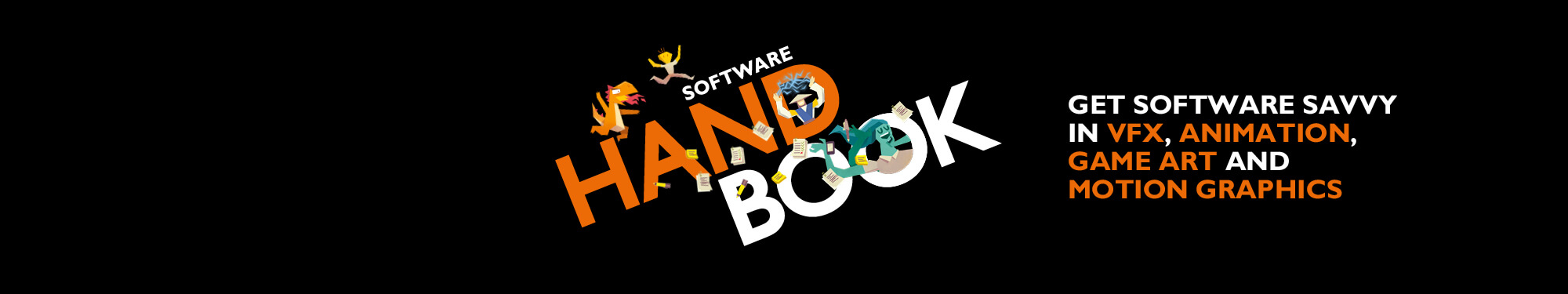 Software Handbook graphic in the centre with avatars 