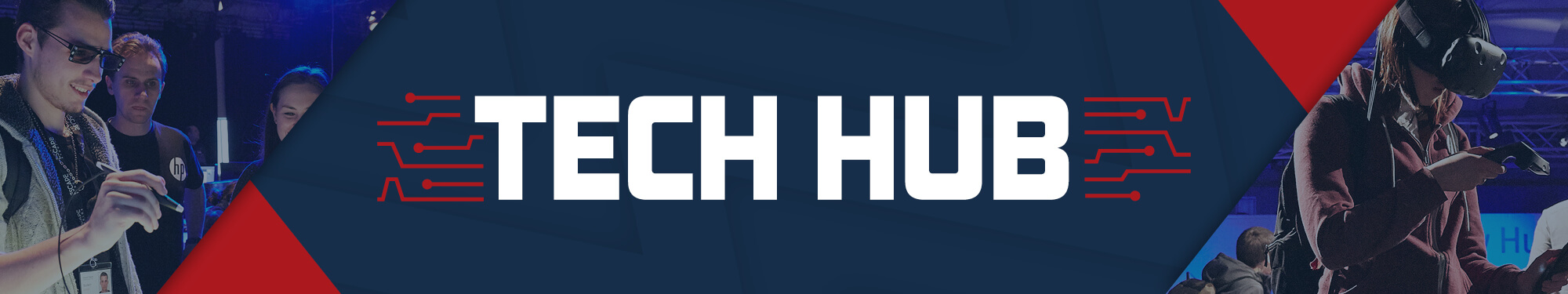 Tech Hub header - red and blue logo with people using VR either side