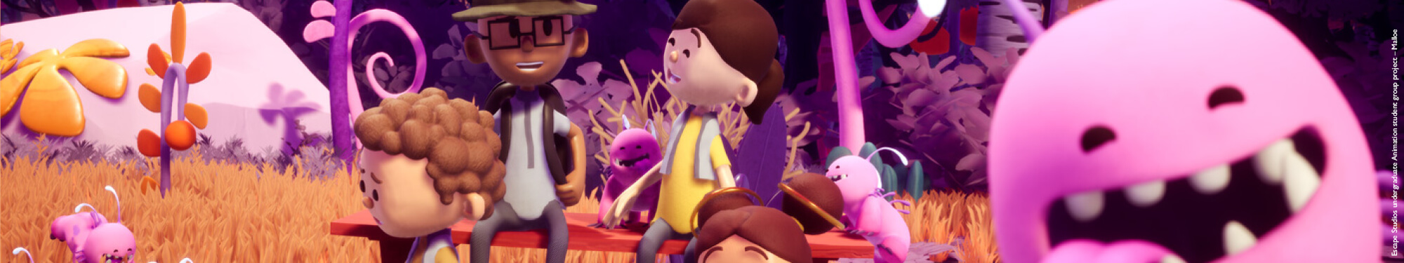 3D animation image from student film showing parents with two kids and pink aliens