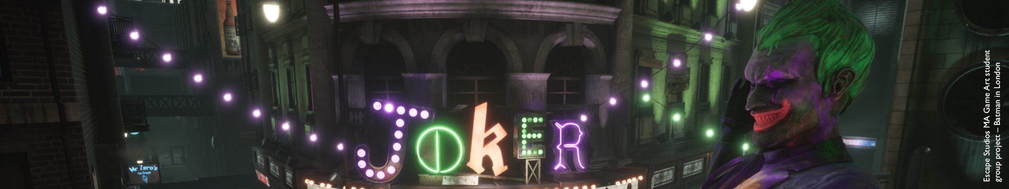 Video game scene of front of a movie theatre with Joker neon letters and statue
