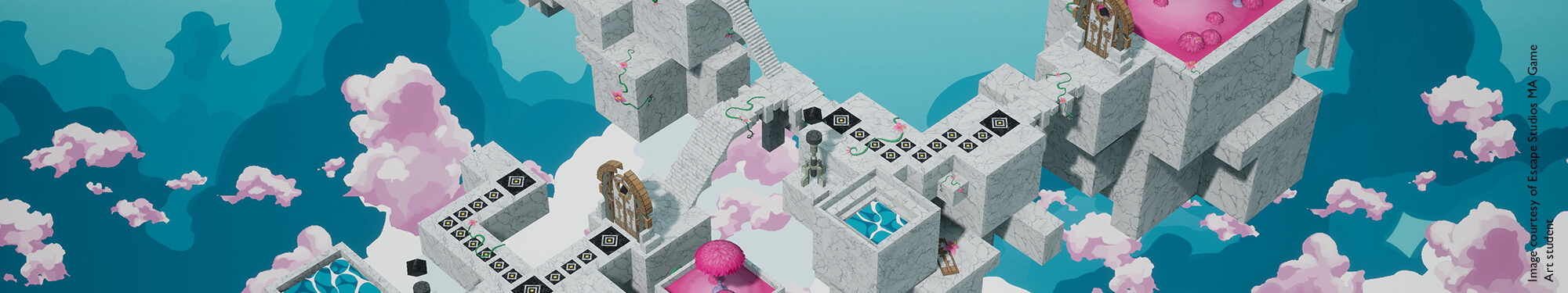 A castle game environment on a blue background with cherry blossoms