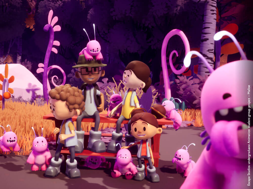 3D animation image from student film showing parents with two kids and pink aliens