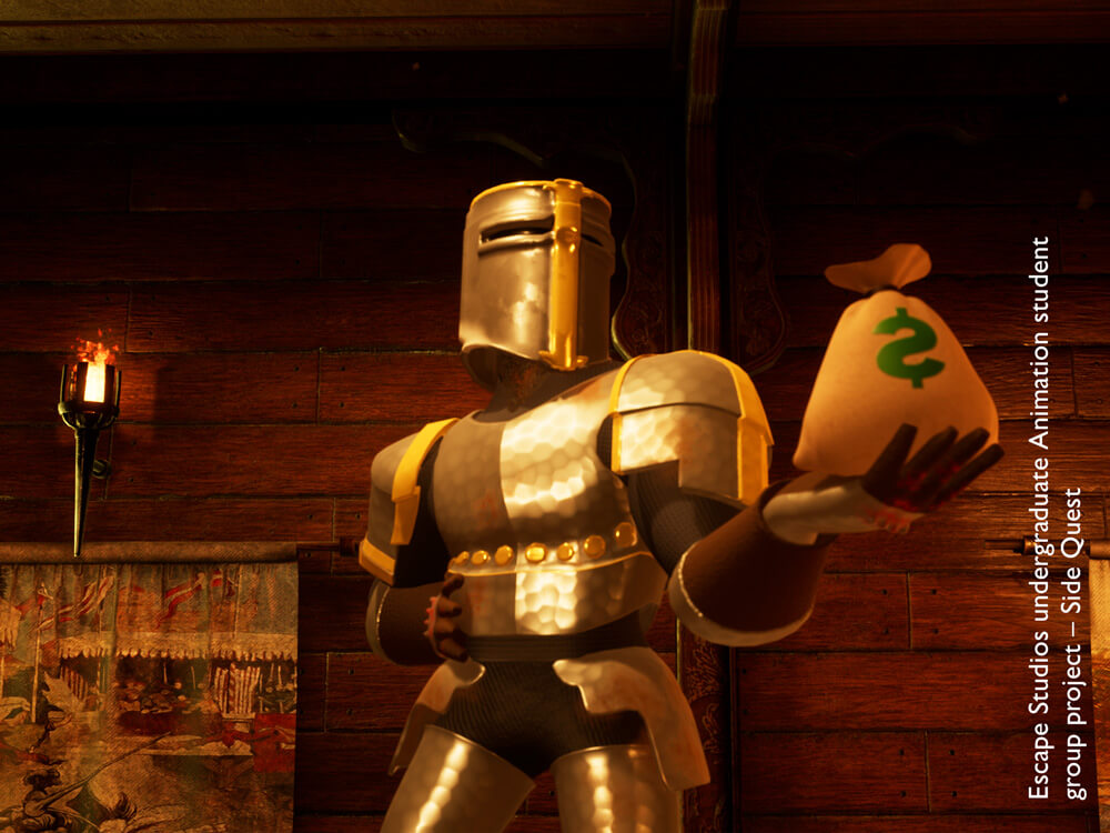 3D animation image of a character in armour holding a bag of money