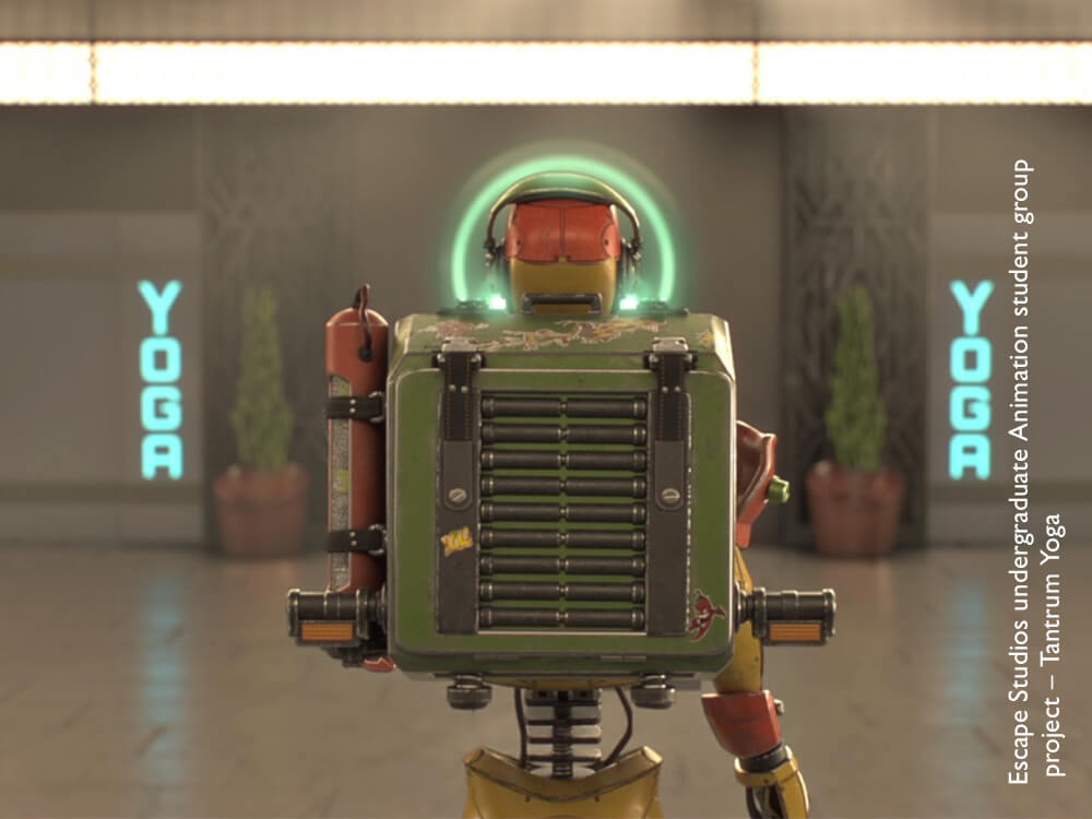 An animated robot in a yoga studio