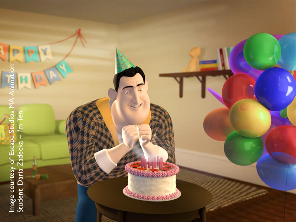 Animated character having a birthday party and about to eat cake 