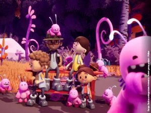 Cartoon characters in an animated purple tinted forest