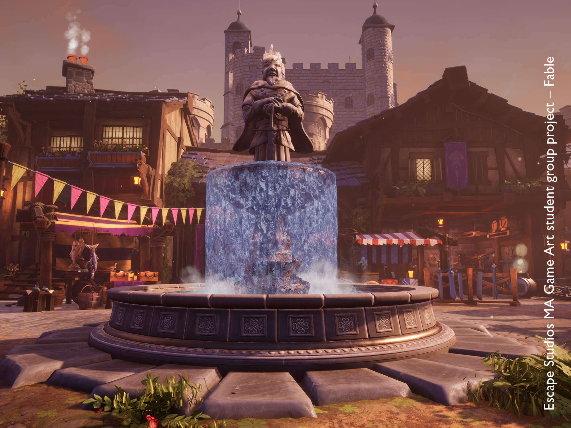 View of a video game scene of a fountain in the town square