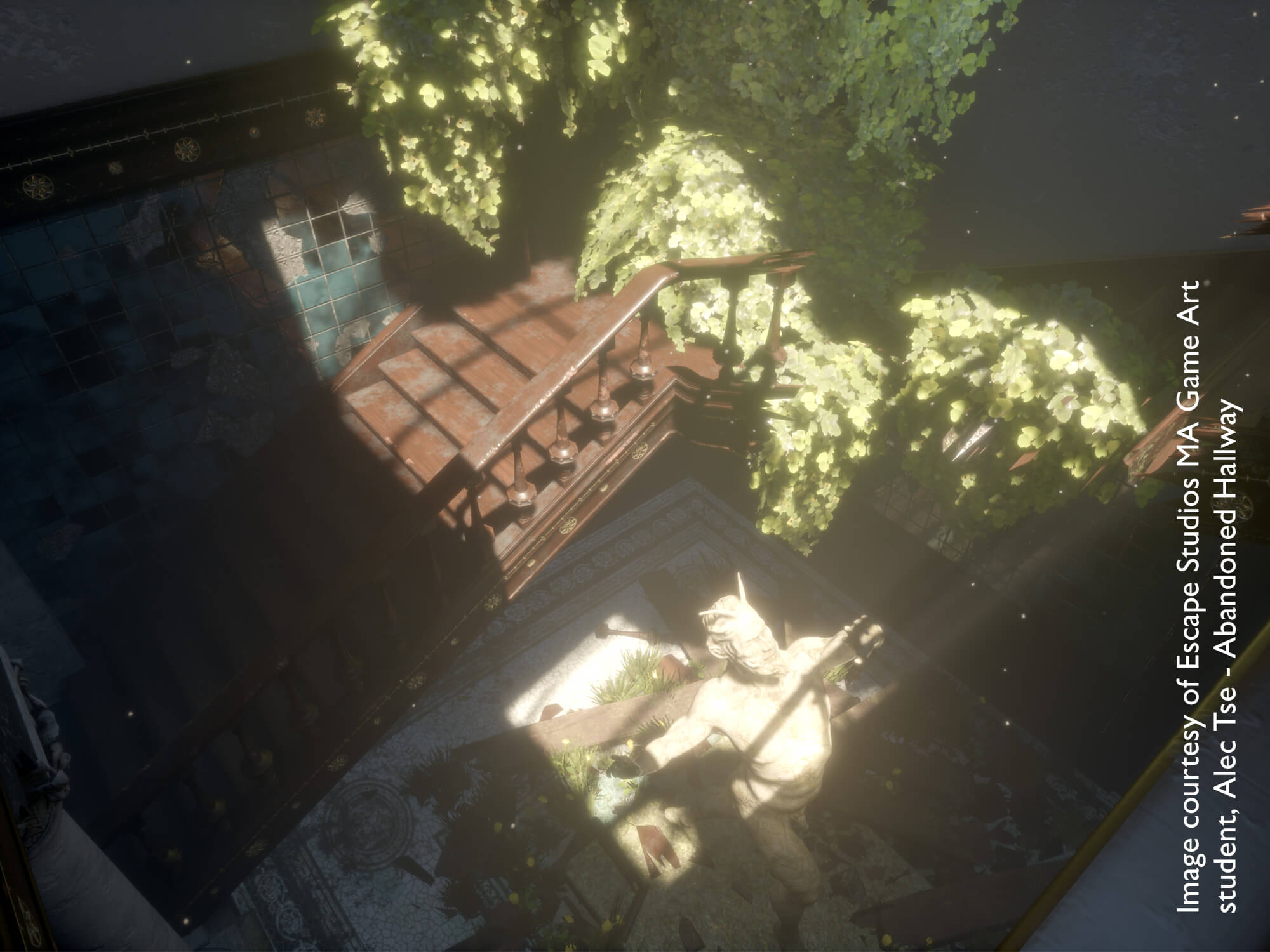 Video game environment scene of a house inner courtyard with stairs and statue invaded by leaves