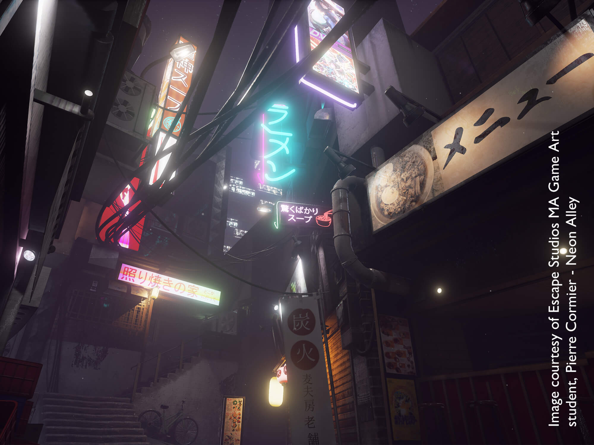 Game environment scene of a city's dark alley with neon signs