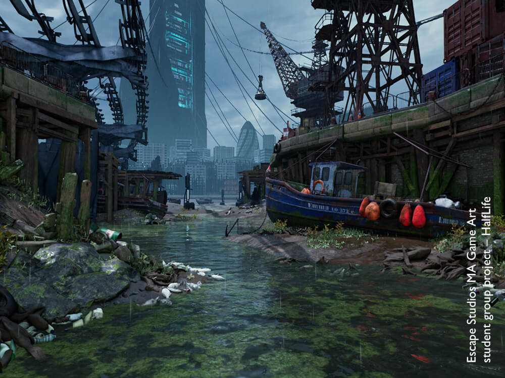 Video games environment scene of a low tide harbour with algae, boats and cranes
