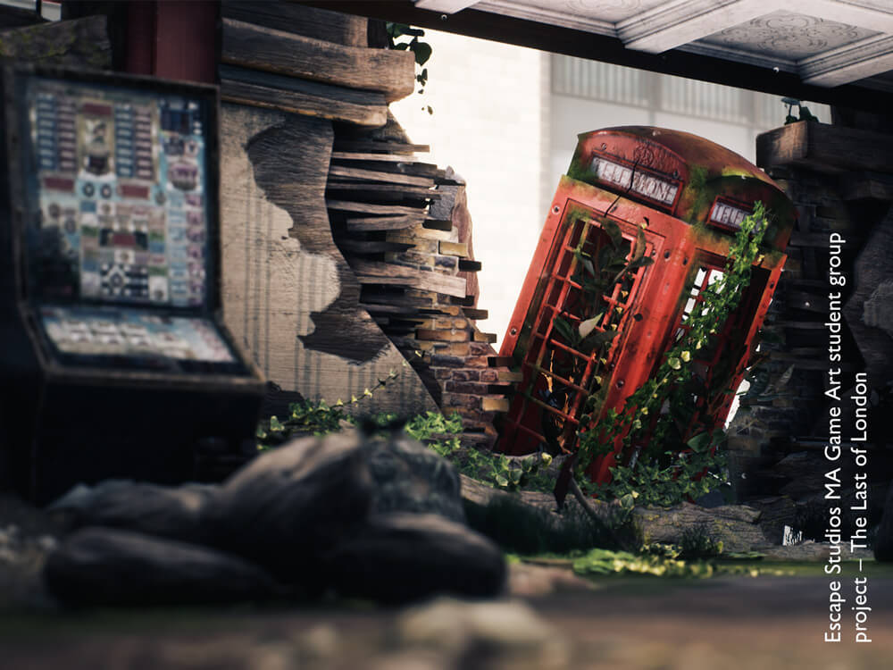 London scene - rubble with damaged red telephone box