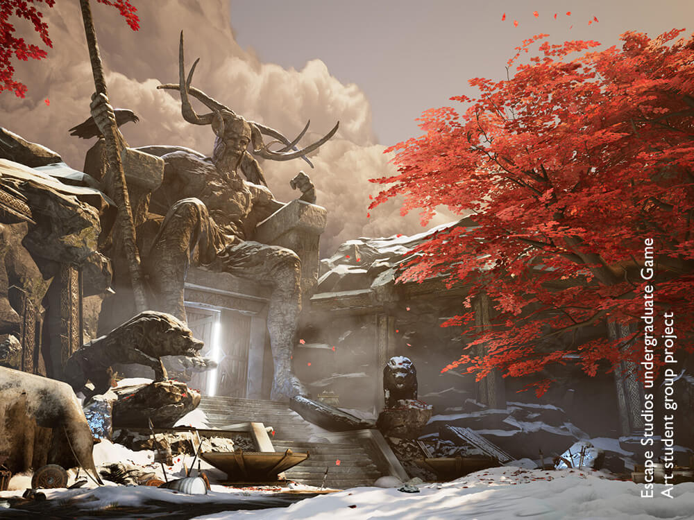 Video games environment scene showing a stone house with red leaf tree and snow