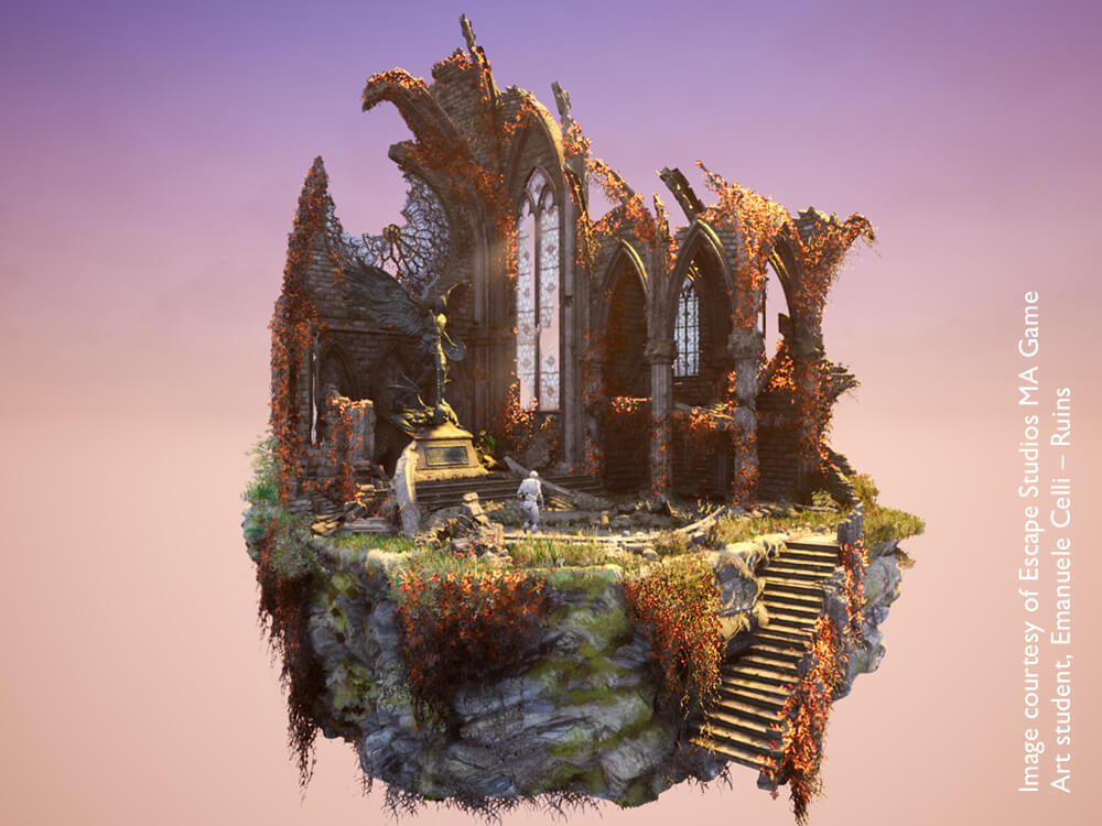 Game art diorama of church in ruins