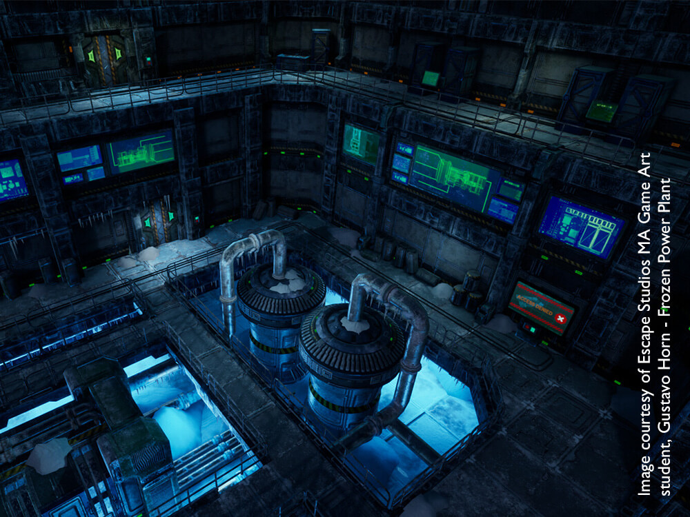 Video games environment scene showing machinery room
