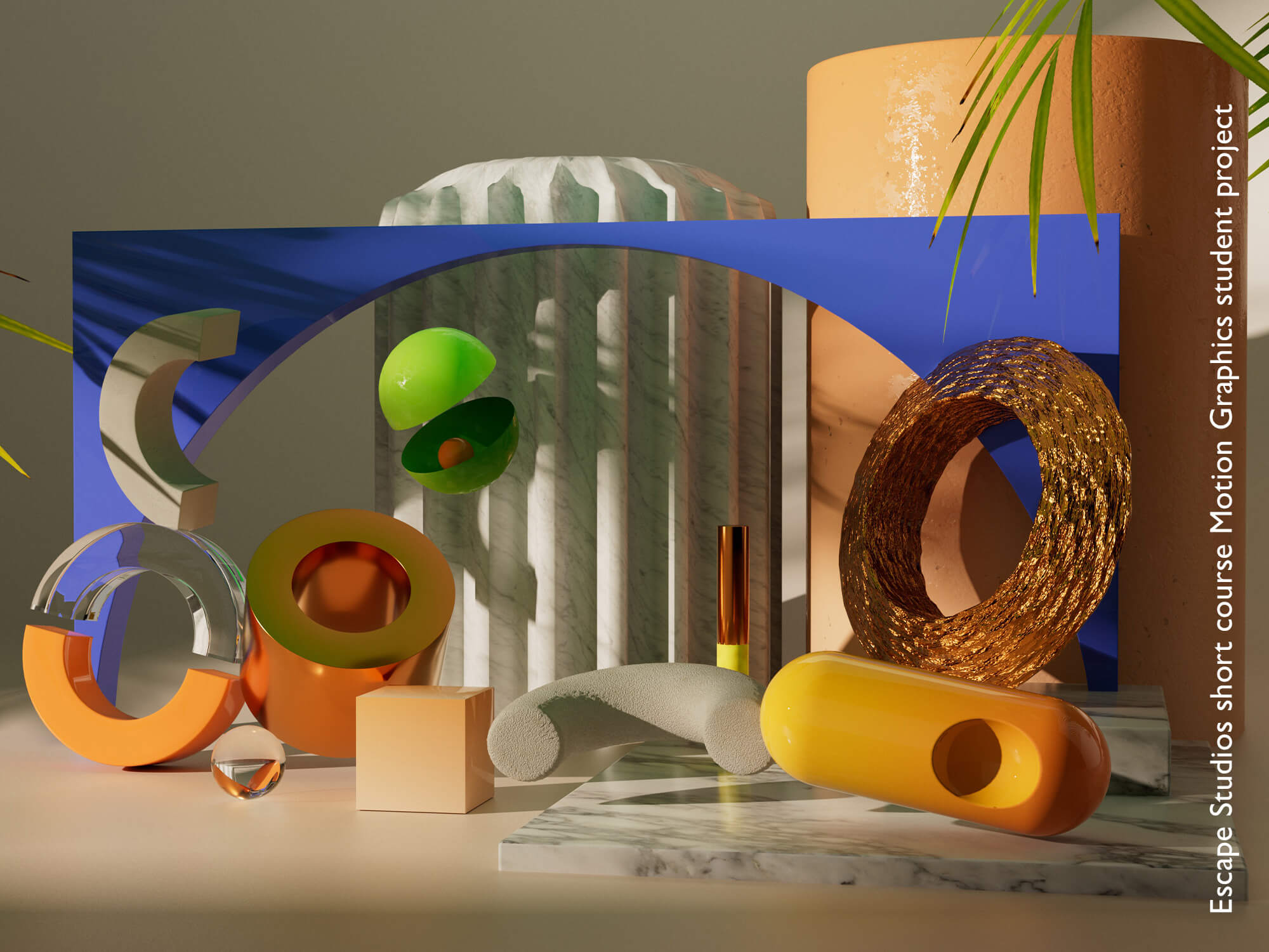 Group of colourful 3D geometric volumes made with motion graphics software