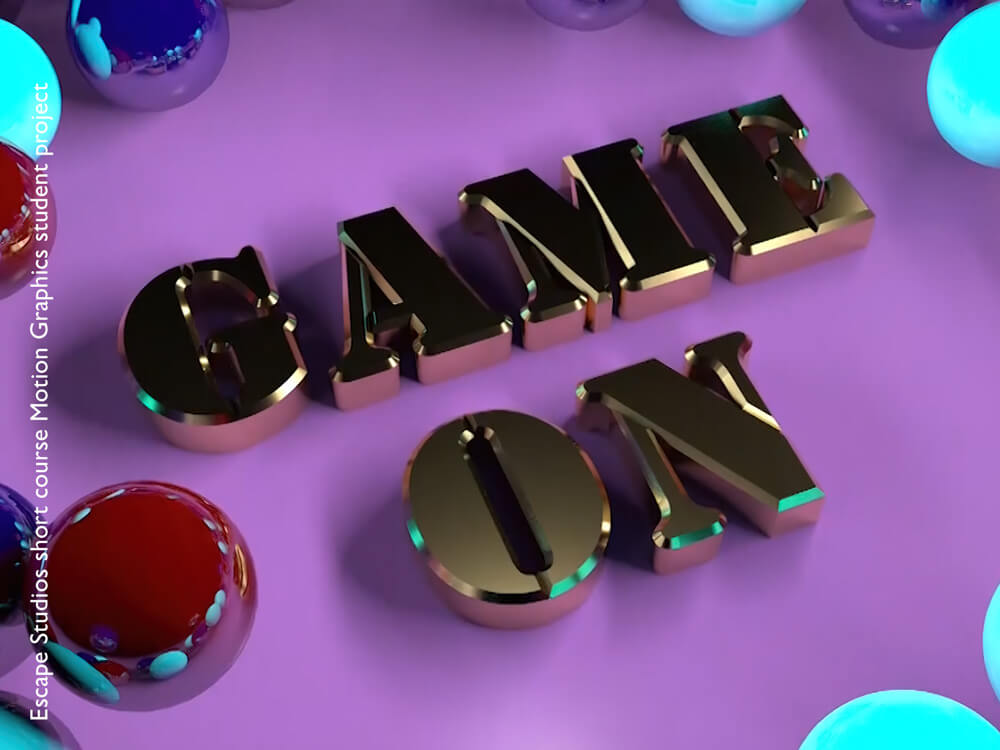 3D letters GAME ON on purple background with red and turquoise marbles