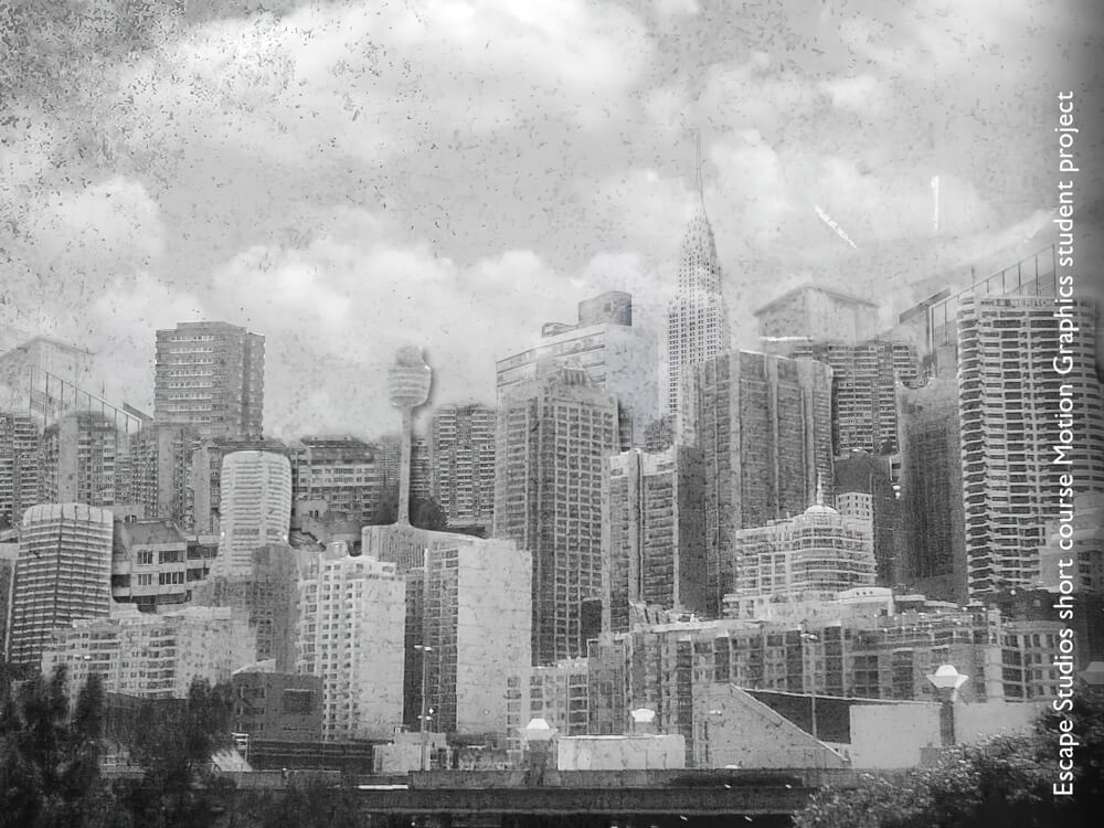 Motion design image of a stylised city skyline