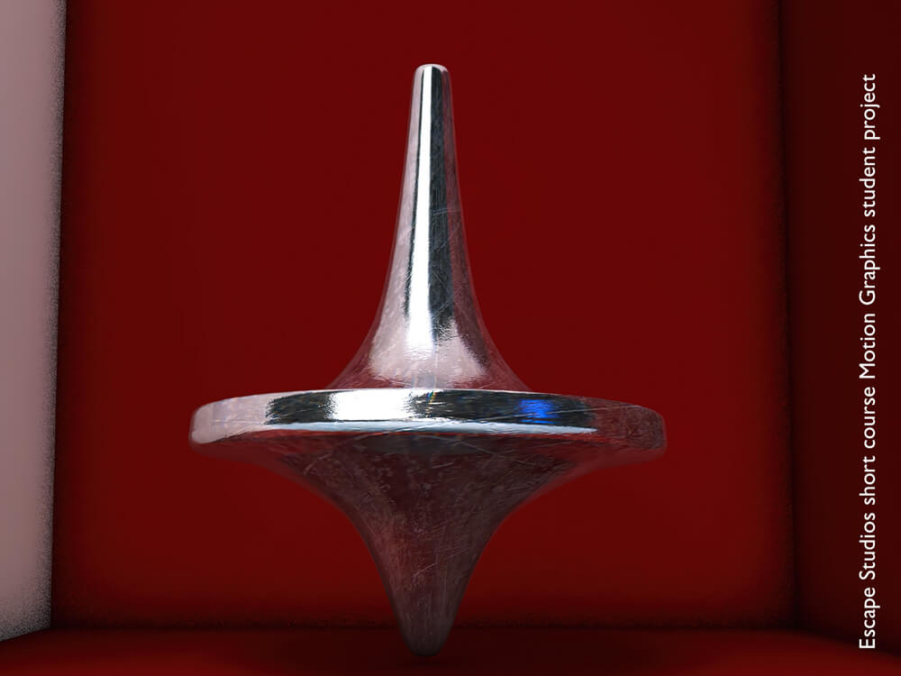 3D model of a metal spinning top on red background