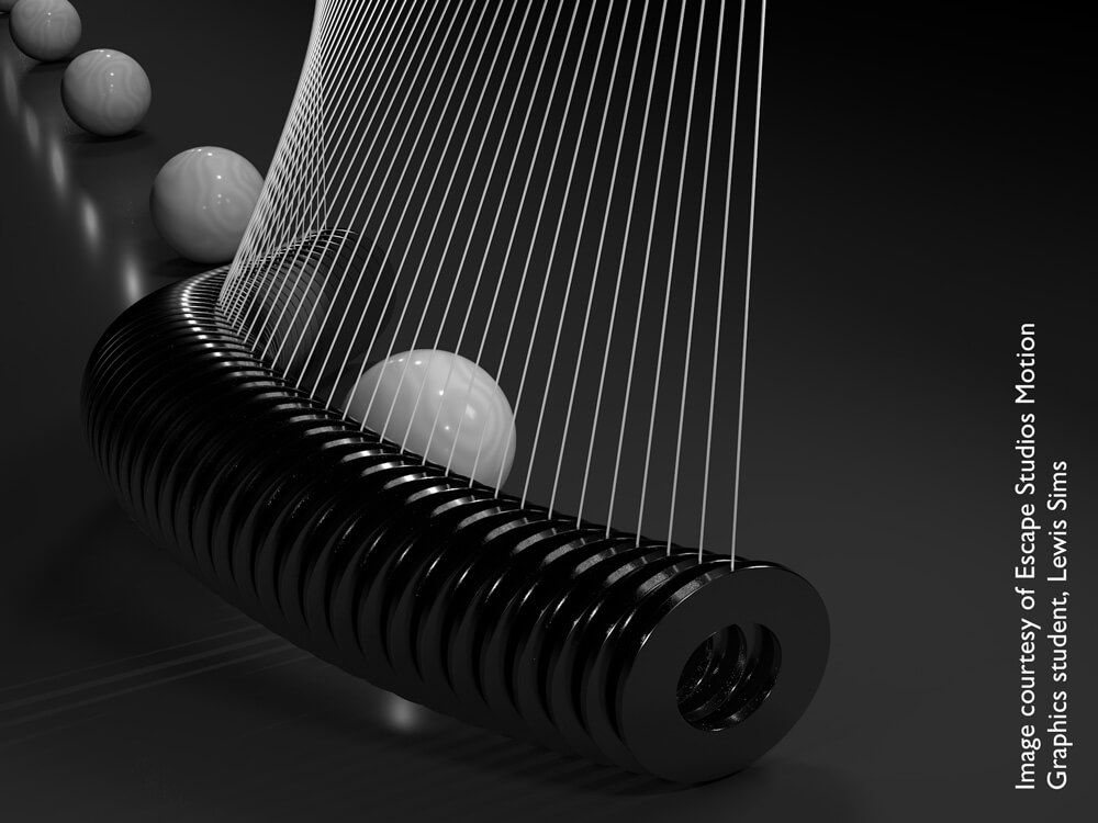 3D model of a pendulum with black discs and white marbles