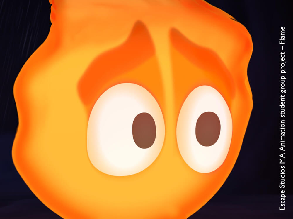 Animated cartoon flame with eyes