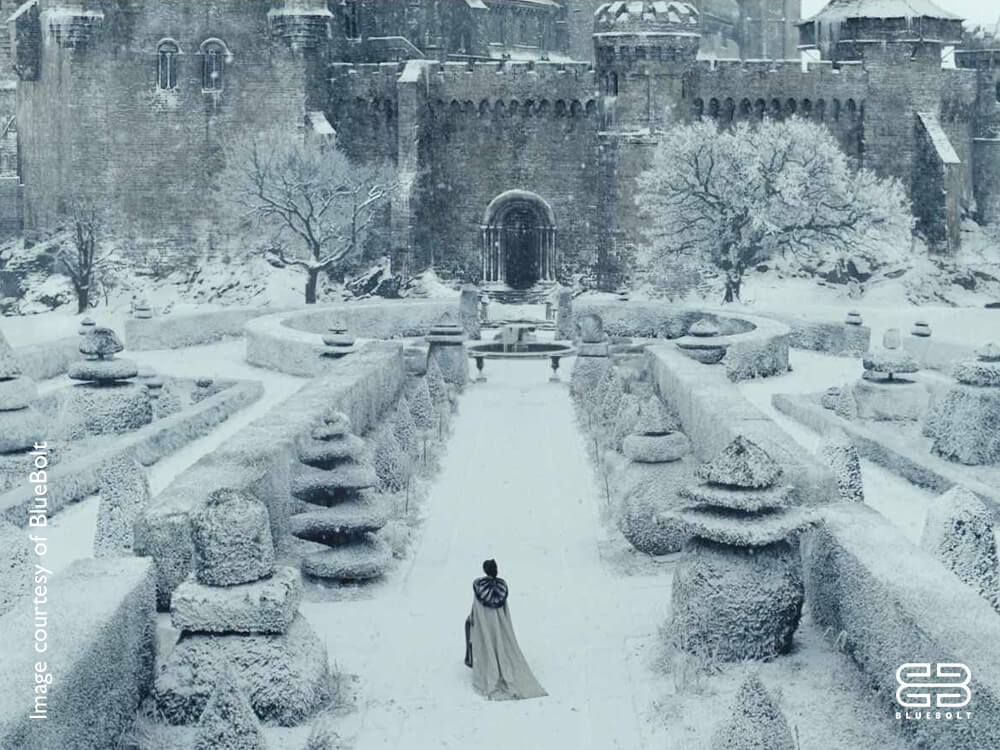 Garden and castle under snow