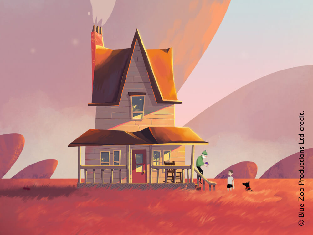 A beige and brown house with two people outside it in a purple and pink tinted field