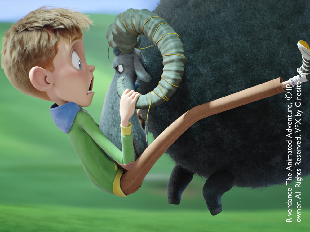 Animation scene of a boy holding on to a sheep's horns