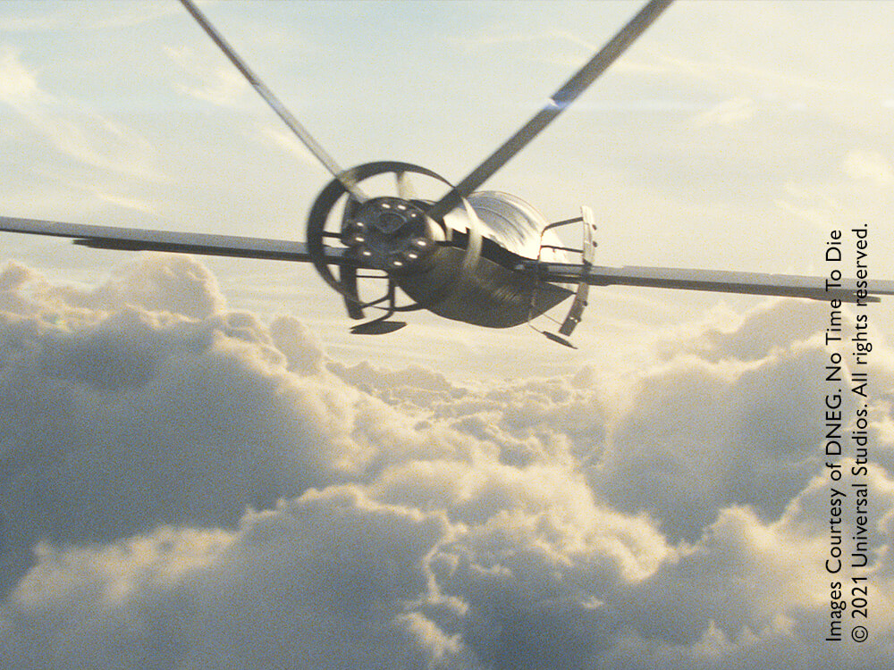 Drone plane in clouds from James Bond movie