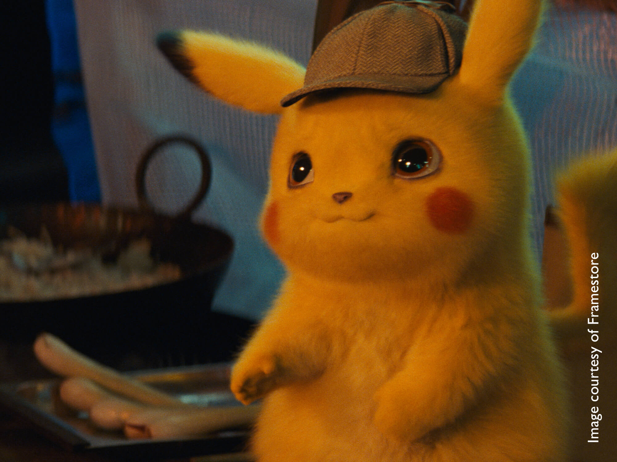 3D animated Pikachu character wearing a detective cap