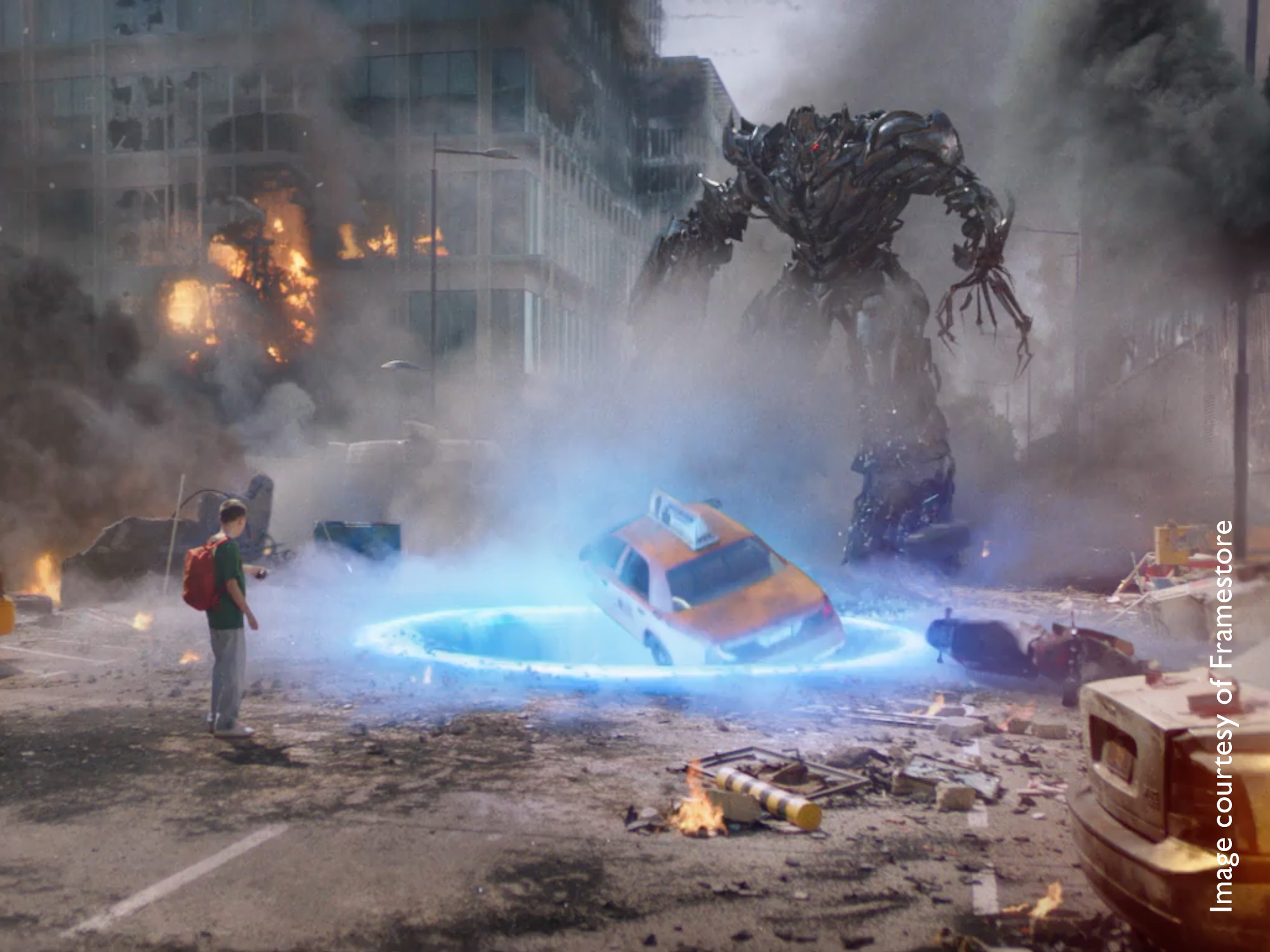 Apocalyptic film scene of a taxi falling into a hole, menacing robot and city buildings on fire