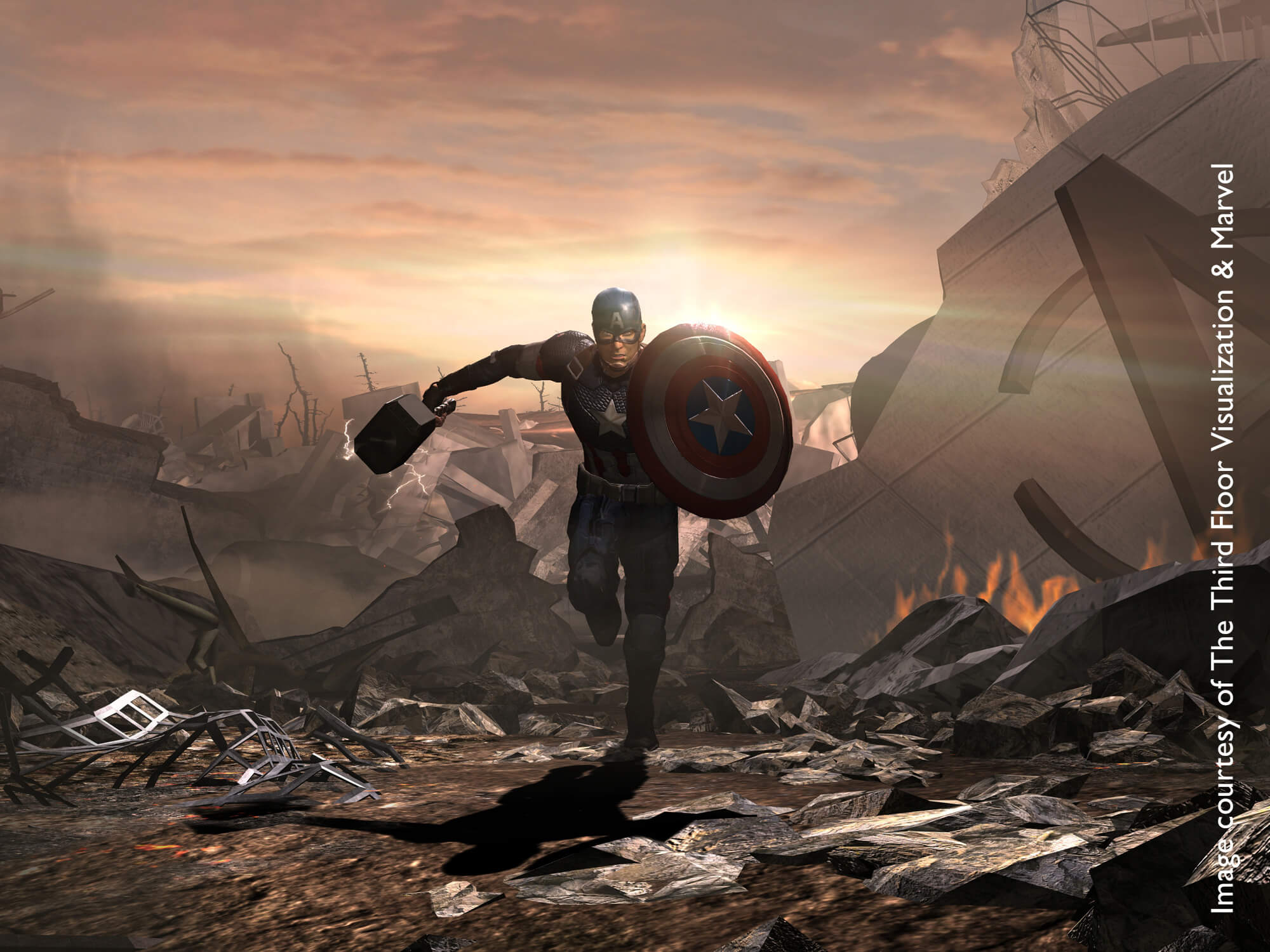 Previsualisation scene of Captain America running and holding his shield and Thor's hammer